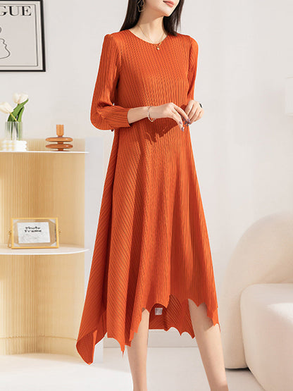 Irregular Clipping Loose Pleated Solid Color Round-Neck Midi Dresses