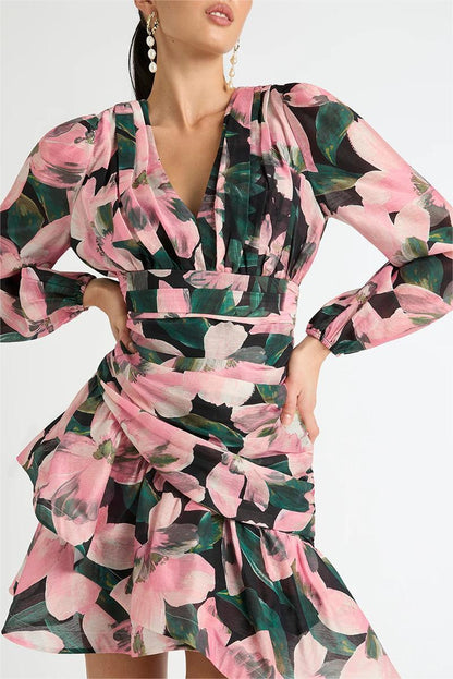 Floral Long Sleeve V-Neck Pleated Mini Dress Pink