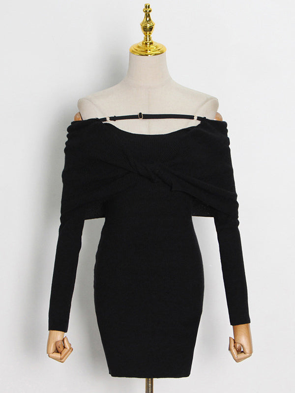 White Bodycon Dress Foldover Long Sleeves Twisted-Front Pencil Mini Dresses