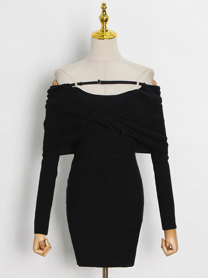 White Bodycon Dress Foldover Long Sleeves Twisted-Front Pencil Mini Dresses