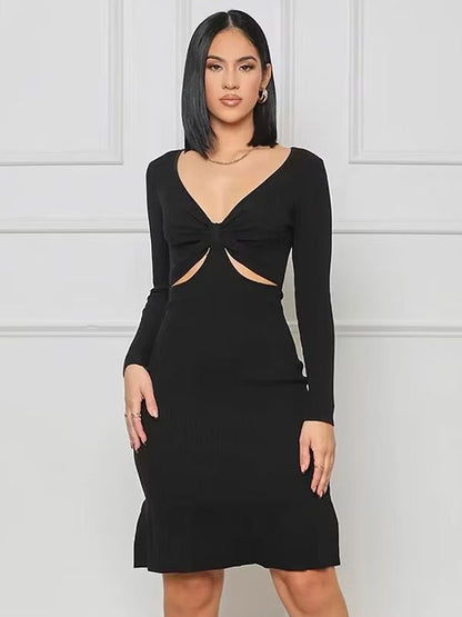 Ruffles Feminine Mini Dress V-Neck Cut Out Long Sleeves Day Dresses