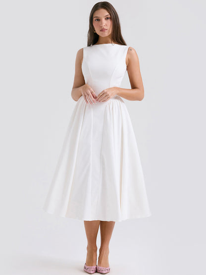 White Dress Boatneck Sleeveless Open Back Brunch Party Midi Dresses