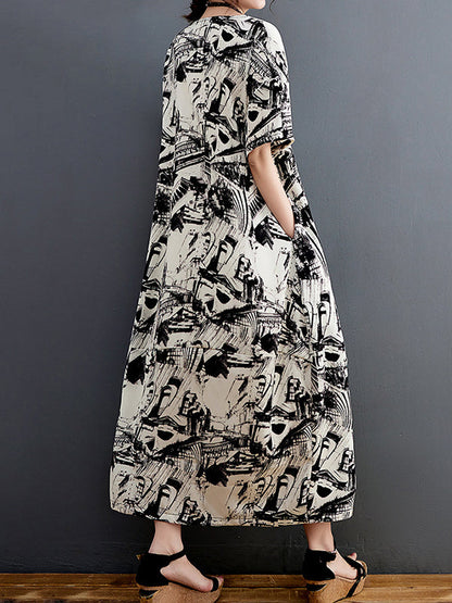 Half Sleeves Loose Abstract Printed Round-Neck Midi Dresses