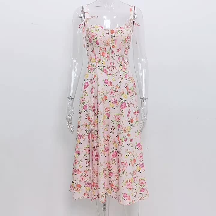 Floral Dress Midi Dress Floral Print Sleeveless Straps Neck Chic Adjustable Straps Lace Up Long Fall