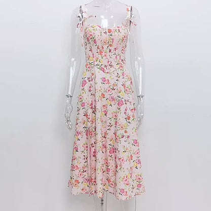 Floral Dress Midi Dress Floral Print Sleeveless Straps Neck Chic Adjustable Straps Lace Up Long Fall