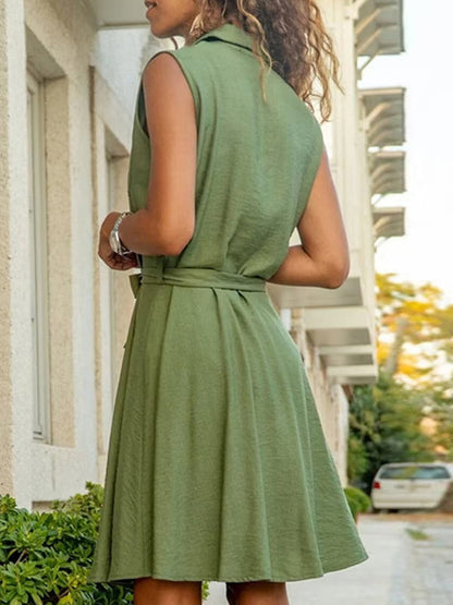 Loose Plus Size Buttoned Pockets Tied Waist Lapel Mini Dresses