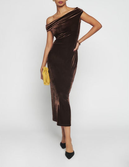 Winter Elegant off Neck Velvet High Waist Midi Dress for Women
