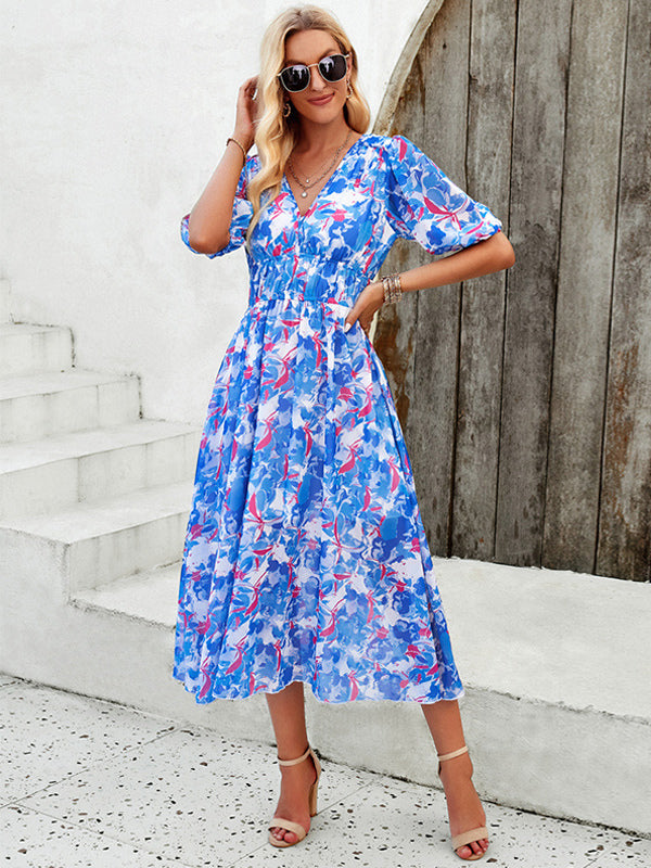 Floral Dress Midi Dress Printed Short Sleeves V-Neck Sweet Summer