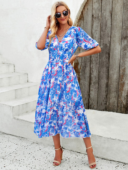 Floral Dress Midi Dress Printed Short Sleeves V-Neck Sweet Summer
