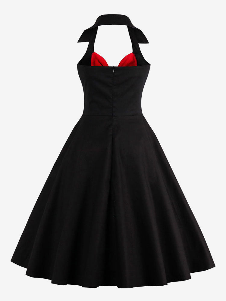Red And Black Sexy Knot V Neck Halter Party Vintage Dress Women Pin Up Fit And Flare Layered Elegant Midi Dresses
