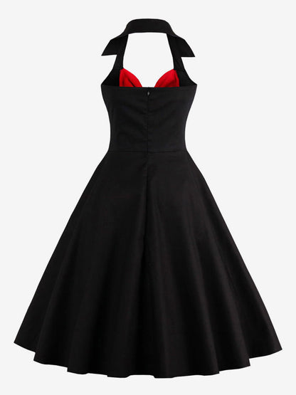 Red And Black Sexy Knot V Neck Halter Party Vintage Dress Women Pin Up Fit And Flare Layered Elegant Midi Dresses