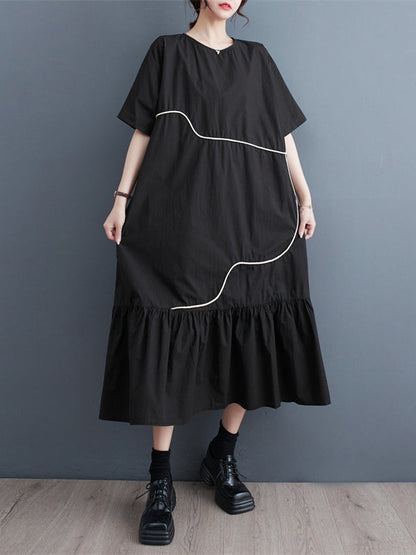 Loose Short Sleeves Pleated Split-Joint Round-Neck Midi Dresses