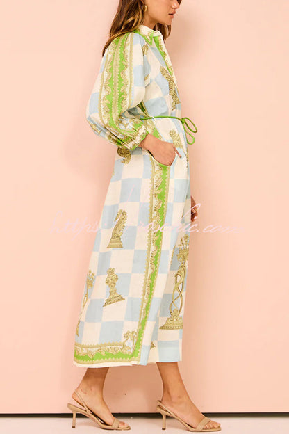 Unique Printed Long Sleeve Drawstring Pocket Shirt Midi Dress