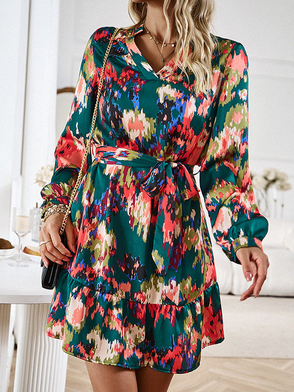 Long Sleeves Loose Printed Split-Joint Tied Waist V-Neck Mini Dresses