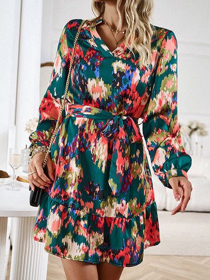 Long Sleeves Loose Printed Split-Joint Tied Waist V-Neck Mini Dresses
