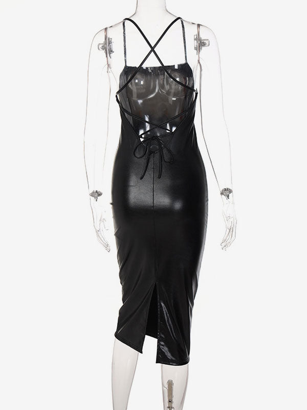 Birthday Open Shoulder PU Leather Sexy Straps Neck Sleeveless Midi Dress
