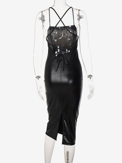 Birthday Open Shoulder PU Leather Sexy Straps Neck Sleeveless Midi Dress