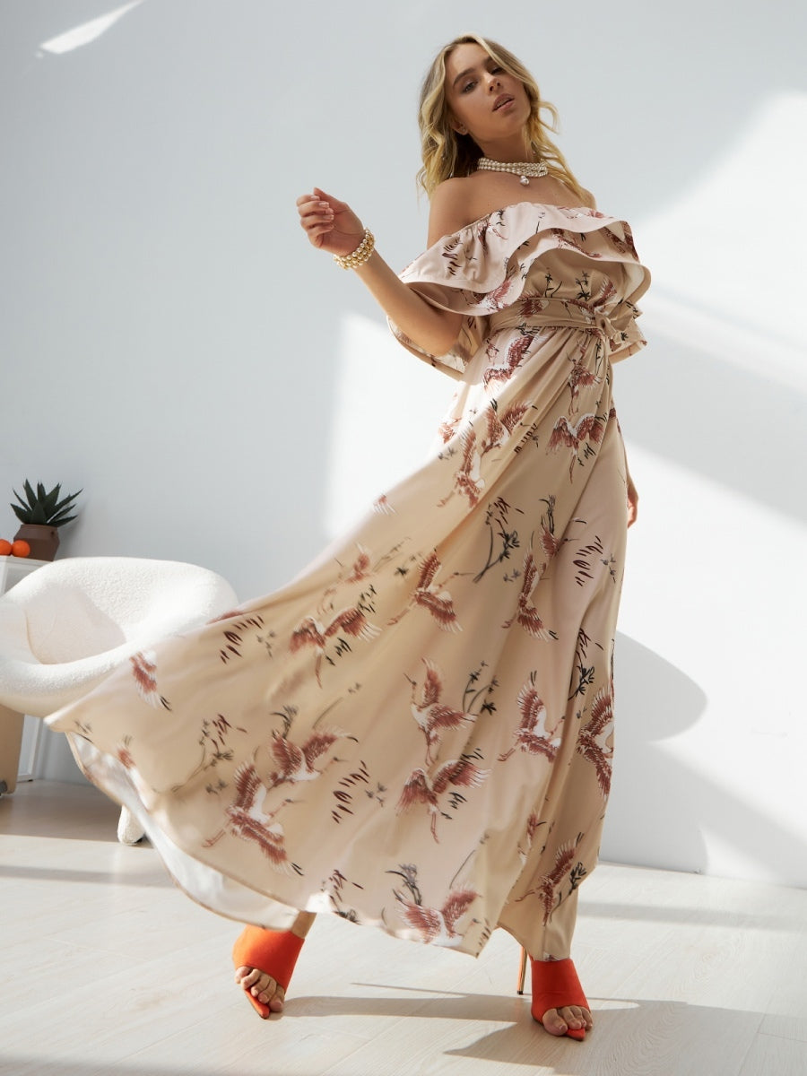 Floral Dress Off The Shoulder High Slit Ruffles Casual Summer Maxi Dresses