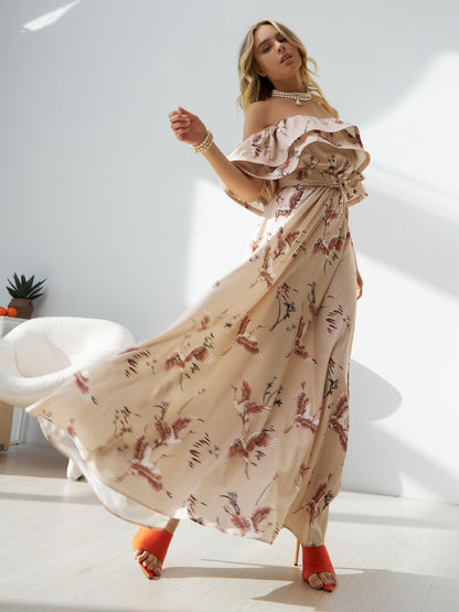 Floral Dress Off The Shoulder High Slit Ruffles Casual Summer Maxi Dresses