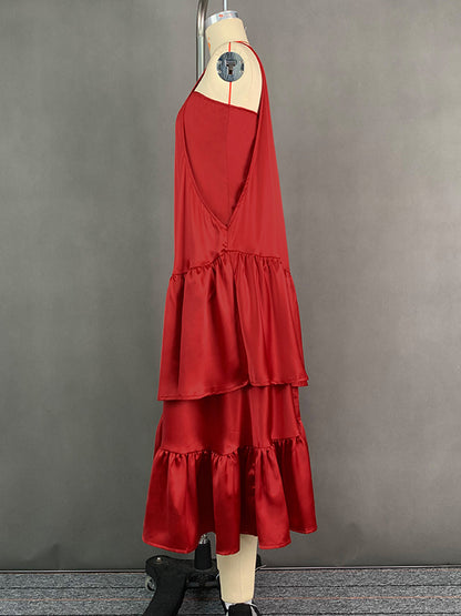 A-Line Loose Double Layered Pleated Solid Color Split-Joint Zipper Cold Shoulder Midi Dresses