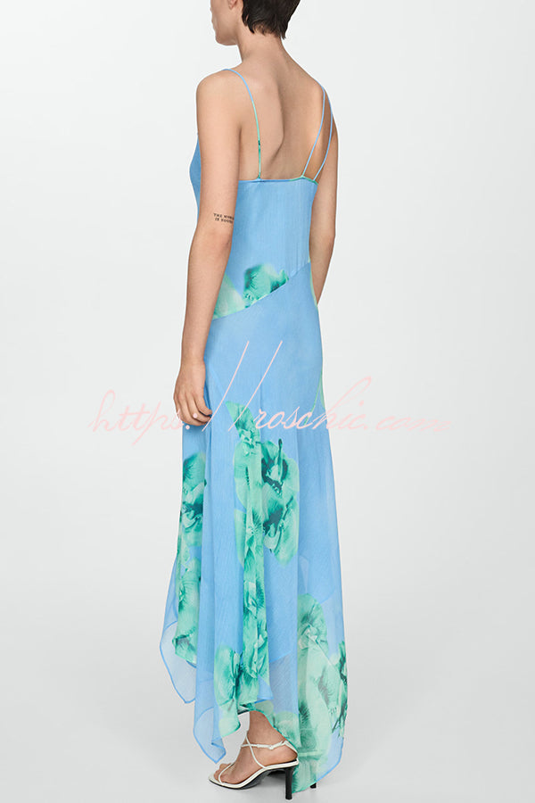 Floral Print Irregular Hem Open Back Strap Maxi Dress