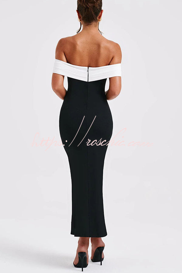Bex Colorblock Pleated Bardot Neck Strapless Formal Stretch Midi Dress