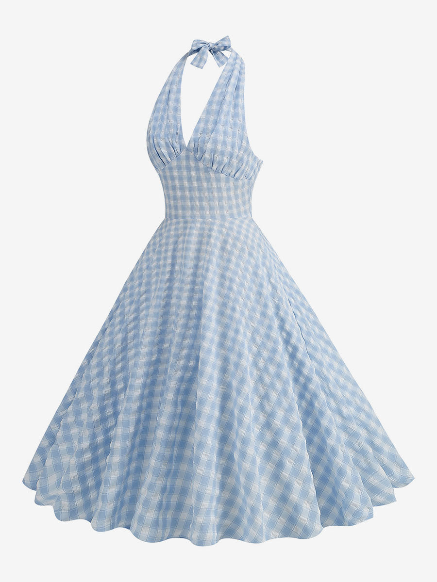 Light Sky Blue Dress Plaid Halter Backless Pleated Retro Midi Dress