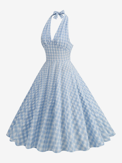 Light Sky Blue Dress Plaid Halter Backless Pleated Retro Midi Dress