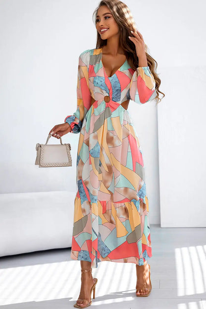 abstract print o ring cut multicolor maxi dress