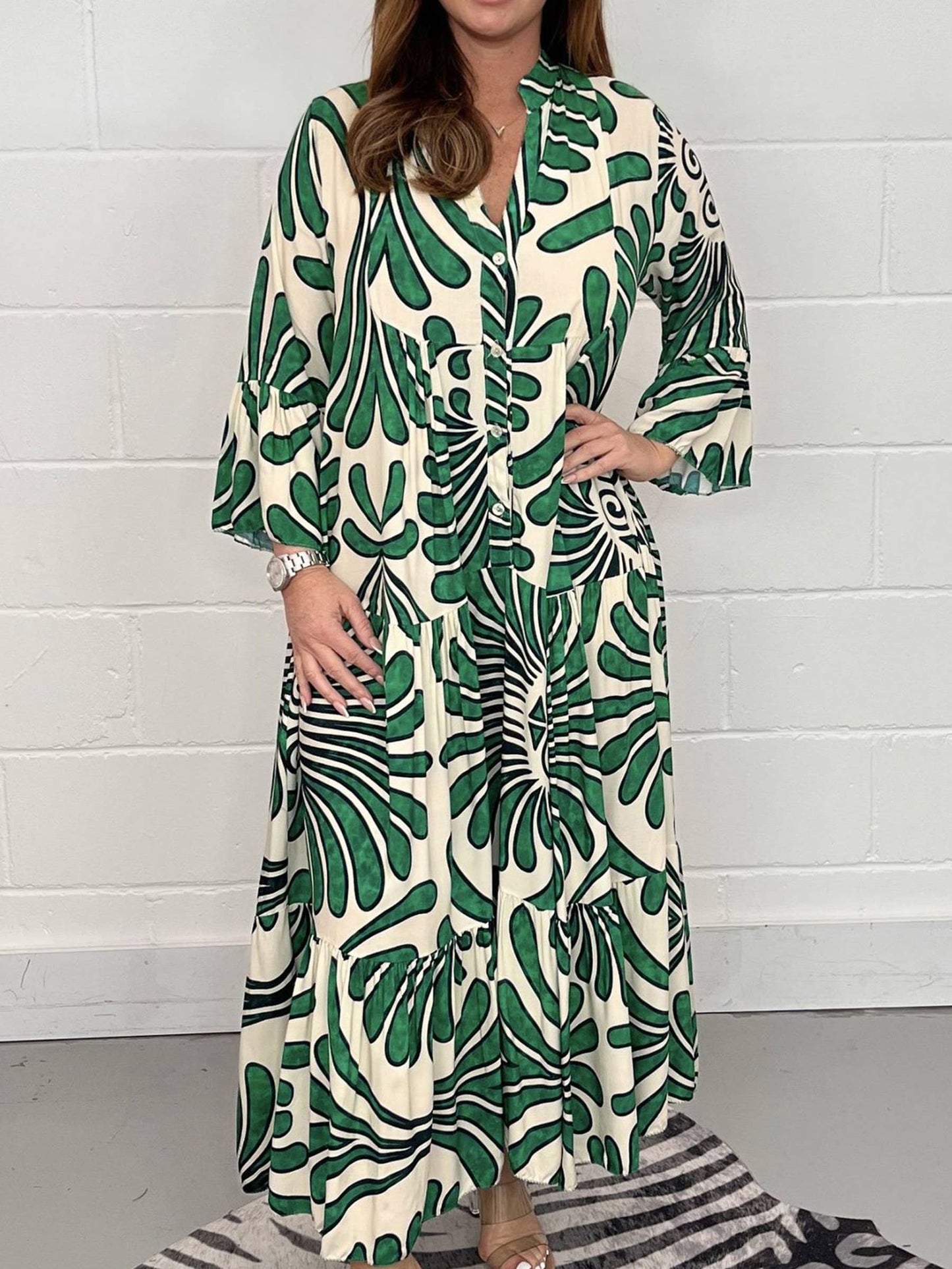 Casual Women's Maxi Dress with V Neck and Long Sleeves