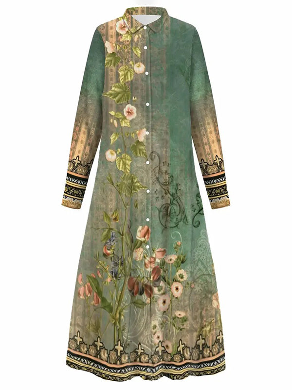Long Sleeves Loose Buttoned Flower Print Split-Joint Lapel Maxi Dresses Outerwear Shirt Dress