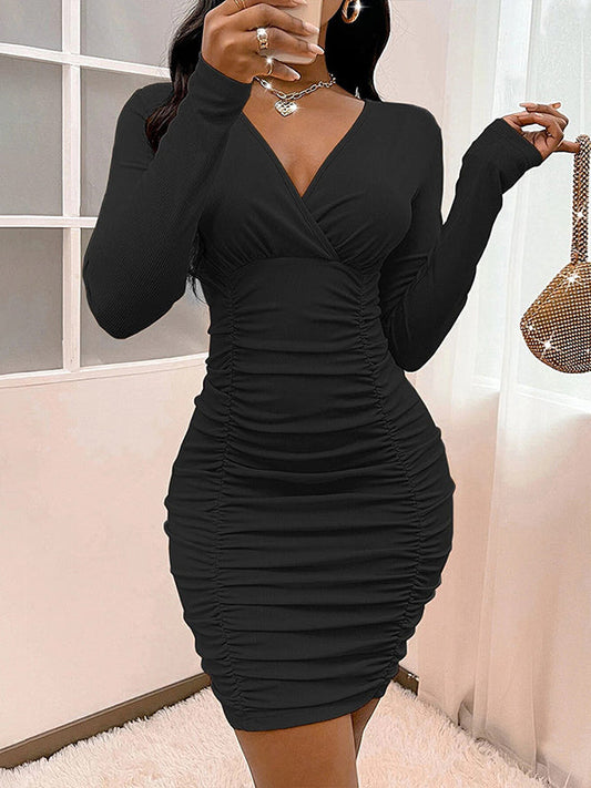 High Waisted Long Sleeves Pleated Solid Color Deep V-Neck Mini Dresses