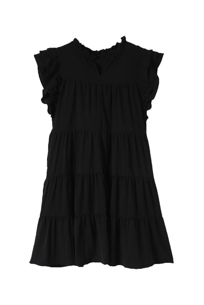 Black Ruffle Flutter Sleeve Pleated Tiered Mini Dress
