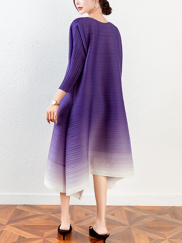 Original Long Sleeves Loose Pleated Gradient Round-Neck Midi Dresses