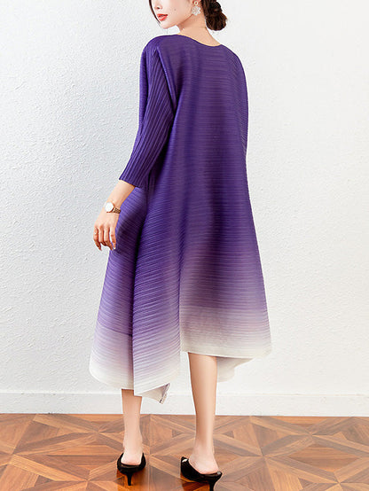 Original Long Sleeves Loose Pleated Gradient Round-Neck Midi Dresses