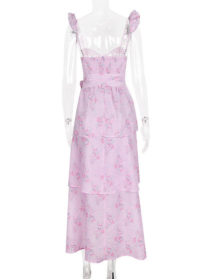 Floral Dress Layered Ruffles Backless High Slit Brunch Party Midi Dresses