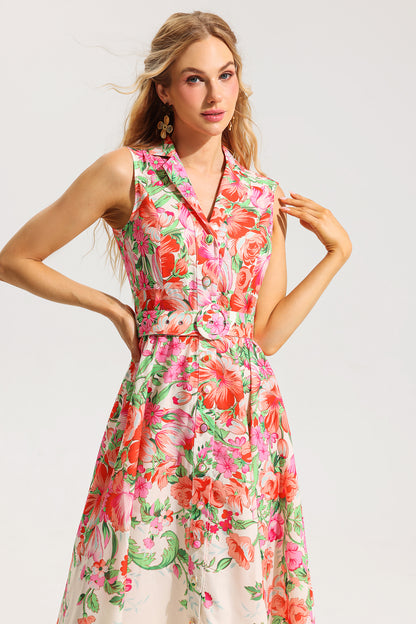 Floral Bottom Sleeveless Midi Dress With Belt