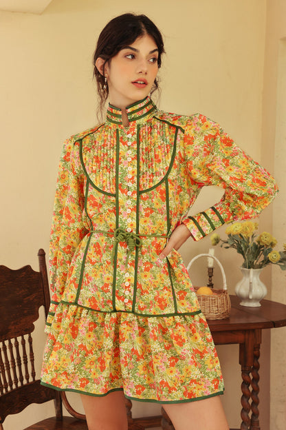 Floral Puff Long Sleeve High Collar Lace Up Ruffle Mini Dress