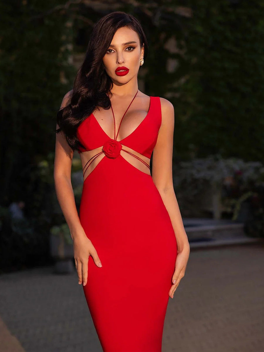 Party Dress 3D Flower Sleeveless U-Back Sexy Bodycon Midi Dresses