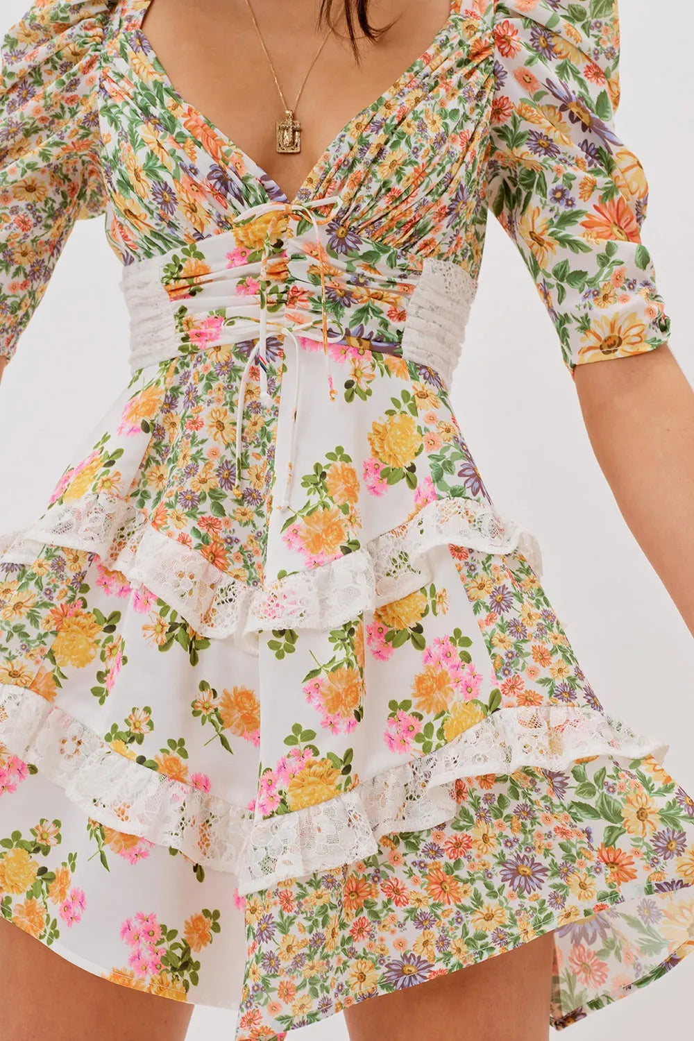 Floral V-Neck Puff Sleeve Ruffle Hem Mini Dress Yellow