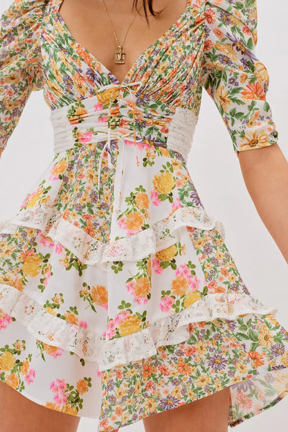 Floral V-Neck Puff Sleeve Ruffle Hem Mini Dress Yellow