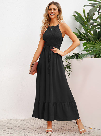 Party Dress Halter Open Back Pleated Front Belted Tiered Midi Dresses