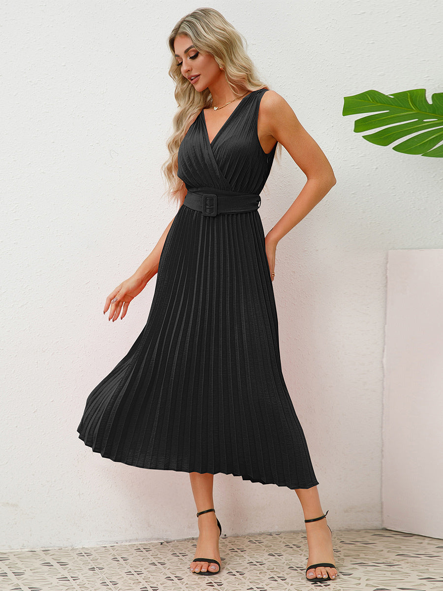 Sleeveless Party Dress V-Neck Accordion Belted Pleated Skirt Midi Dresses