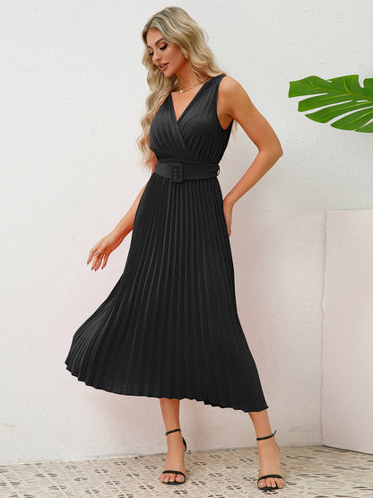 Sleeveless Party Dress V-Neck Accordion Belted Pleated Skirt Midi Dresses