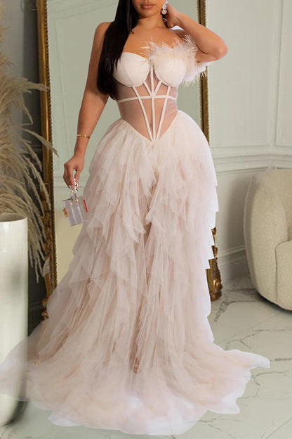 Elegant Solid Color Sleeveless Wrap Mesh Maxi Dress