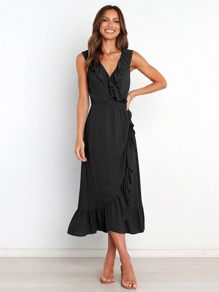 Ruffles Chic V-Neck Sleeveless Midi Dress