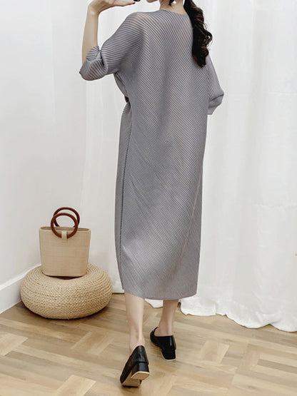 Half Sleeves Irregular Clipping Pleated Solid Color Round-Neck Midi Dresses