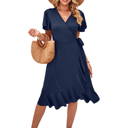 V-Neck Short Sleeve Irregular Midi Dress in Various Colors