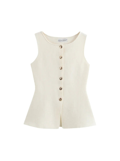 Sleeveless Square-Neck Buttoned Top With Split Hem