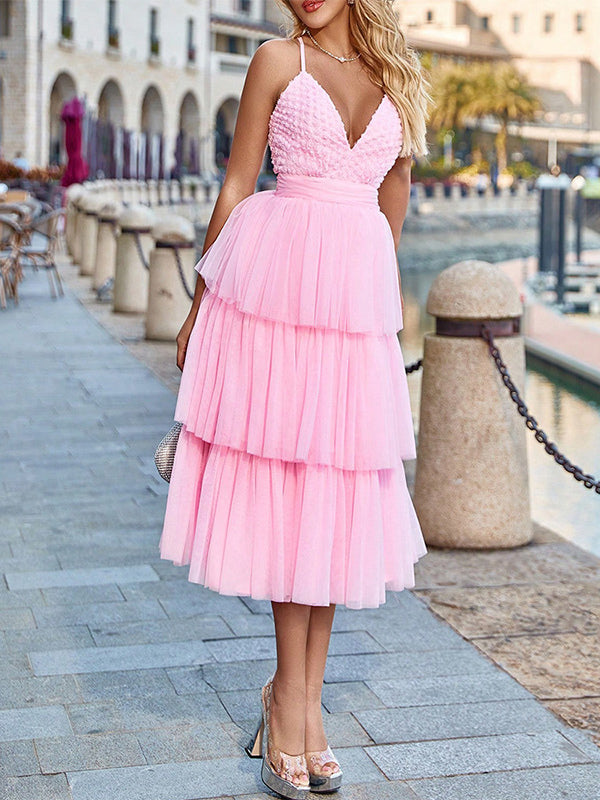 Fairylike Tulle Dress Layered V-Neck Halter Backless Sweet Midi Dresses